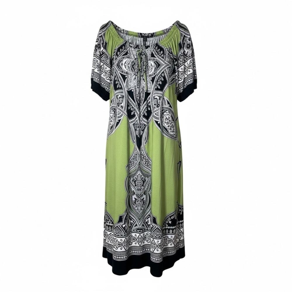 Intermission green and black paisley print off shoulder shift dress size 8 B160